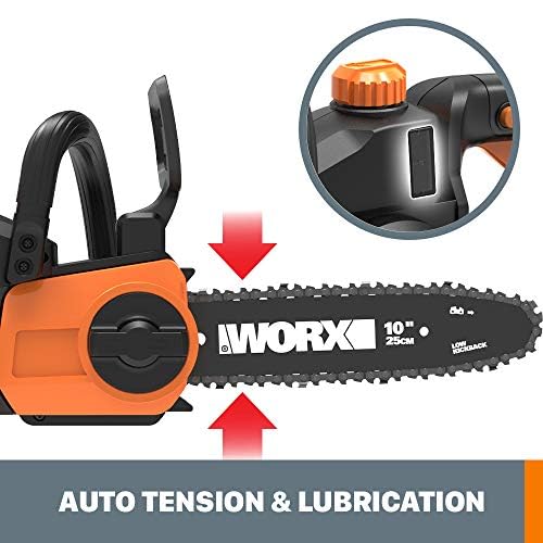 Worx 20 V 10" Cordless Chainsaw, Auto-lubrication, Tool-less Chain Tension, PowerShare, WG322- Battery & Charger Included