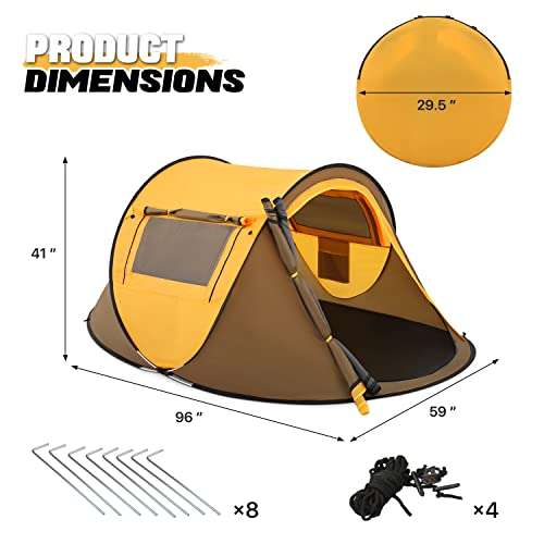 MoNiBloom Tent for Camping 1-2 Person Outdoor Pop Up Easy Set Up Automatic Family Travel Weatherproof Tent, 2 Doors and Side Windows Instant Easy Popup Beach Tent with Carry Bag, Earth Yellow