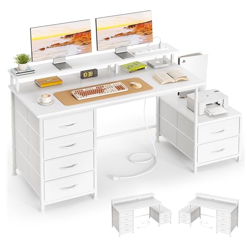 Flrrtenv 52 Inch Office Desk with 6 Drawers and Printer Space for Storage, Reversible Computer Desk with Monitor Stand & Power Outlets, Home Office Desks, White