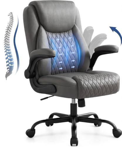 GTPOFFICE Executive Office Chair with Comfortable Lumbar Support, Ergonomic Gaming Chair with Flip-up Armrests & Zoned Pressure-Relief Cushion, Comfy PU Leather Desk Chair, Grey