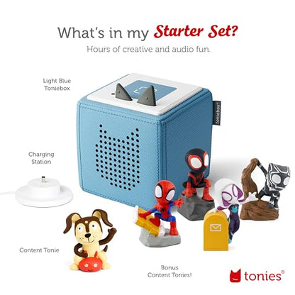 Toniebox Audio Player Starter Set with Spidey, Ghost-Spider, Spin, Black Panther, and Playtime Puppy - Listen, Learn, and Play with One Huggable Little Box - Light Blue