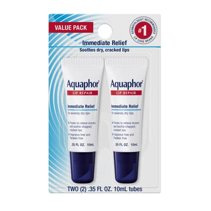 Aquaphor Lip Repair Tubes, Lip Ointment for Chapped Lips, Moisturizing Lip Balm, Two 0.35 ounce tubes