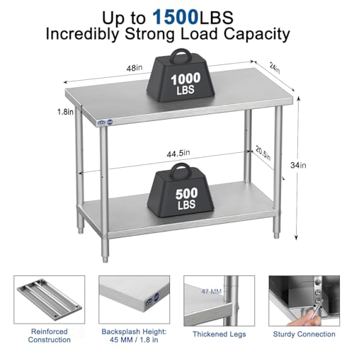 Leteuke NSF Stainless Steel Prep Table, 48″x 24″x 34″ Metal Work Table, SUS 201 Heavy Duty Table with Adjustable Undershelf, 1500 LBS Commercial Outdoor Food Prep Table for Restaurant Kitchen Hotel