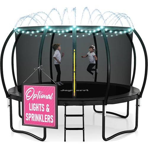 JoyBerri Trampoline Outdoor - ASTM Certified Safe, 8Ft, 10Ft, 12Ft, 14Ft, 15Ft, 16Ft Recreational Trampoline for Kids and Adults. Anti-Rust Coating with Enclosure Net, Ladder, Sprinkler & LED Lights
