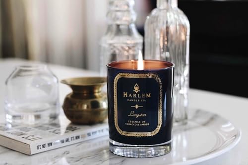 Harlem Candle Company Langston Luxury Candle, 11 oz Blue Glass Jar, Double Wick, Soy Wax, Gift Box, Jasmine, Sandalwood, Nutmeg, Cloves, Vanilla, Leather, and Amber