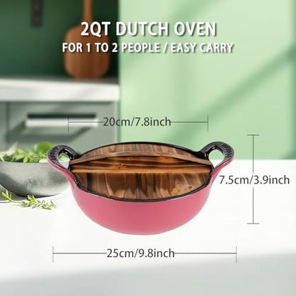 AILIBOO 2 QT Black Enameled Cast Iron Dutch Oven，Iron Biryani Pot，Le Creuset，Instant Pot Bakeware Sets, Casserole Dishes for Oven - Pink