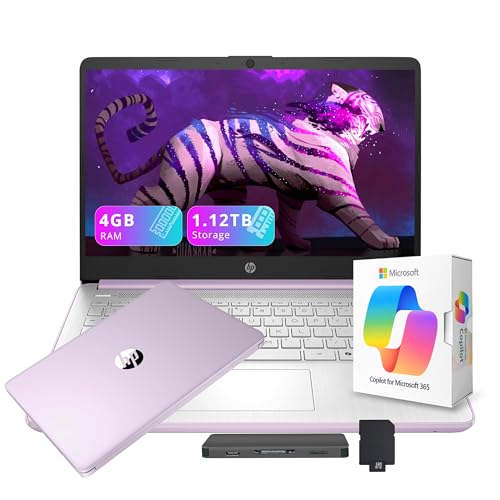 HP Flagship 14" HD Student&Business Laptop with AI Copilot, 13th Gen Intel 4-Core, 4GB RAM, 1.12TB Storage (128GB UFS + 1TB Docking Station), 1 Year Office 365, Wi-Fi 6, Win 11 S, Lavender Purple