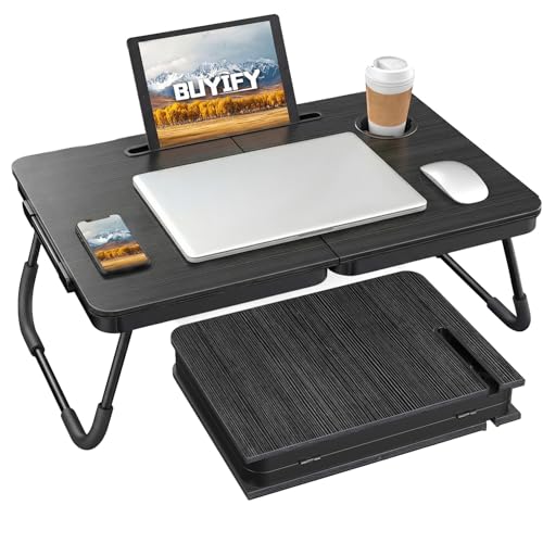 BUYIFY Foldable Laptop Bed Desk for Couch, Sofa - Large Lap Desk Tray Table with Cup Holder and Tablet Slot - Portable Notebook Stand for Eating, Writing, Studying and WFH -NEW-006-USA Original Patent