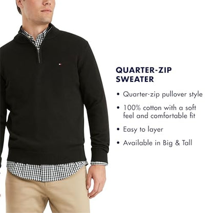 Tommy Hilfiger Mens Long Sleeve Cotton Quarter Zip Pullover Sweater, Classic Navy, Medium US