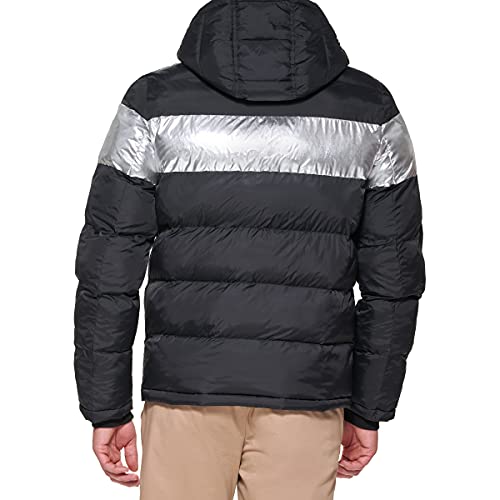 Tommy Hilfiger Men's Hooded Puffer Jacket, Black Silver Stripe, XX-Large