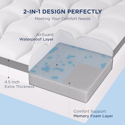 Bedsure King Size Dual Layer 4.5 Inch Memory Foam Mattress Topper, 2.5" Gel Memory Foam and 2" Waterproof Mattress Pad with 8-21" Deep Pocket, Cooling Pillow Top Cover for Back Pain, Medium Support