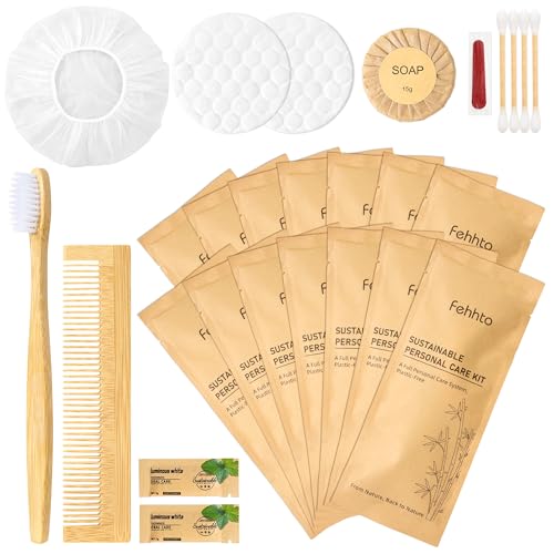 FEHHTO 50 Sets Personal Hygiene Kit Bulk Travel Size Toiletry Kit | for Guests with Bamboo Toothbrush, Toothpaste and Vanity Kit for Women, Men, Travel and Homeless Care Packages