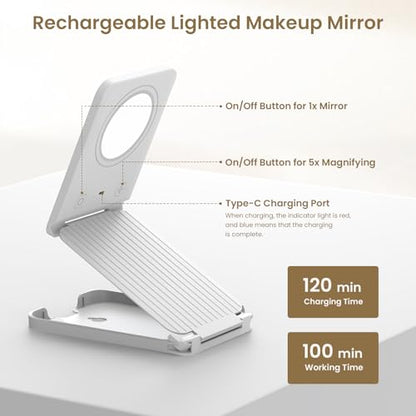 LAMPICK Travel Makeup Mirror with Lights, Portable Vanity Mirror with 5X Lighted Magnification,72 LEDs 3 Color Lights, Rechargeable 1000mAh Battery, Freely Adjust Height and Angle