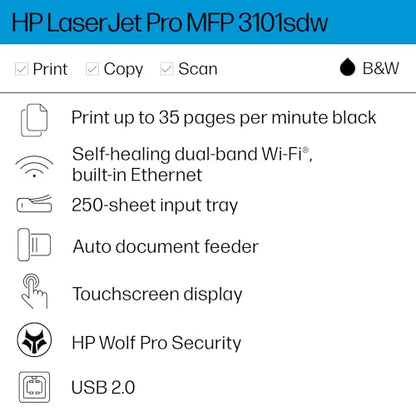 HP LaserJet Pro MFP 3101sdw Printer, Black and white, Printer for Small medium business, Print, copy, scan, Wireless; Print from phone or tablet; Two-sided printing; Scan to email