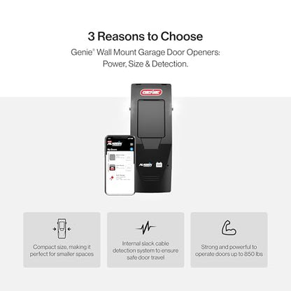 Genie B6172H Wall Mount Smart Garage Door Opener, DC Motor Lifts up to 14ft high 850lbs, Black