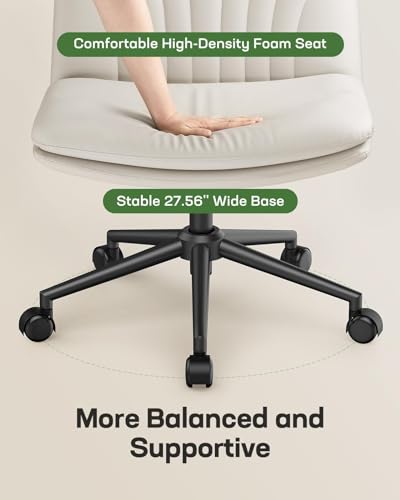 Marsail Armless-Office Desk Chair with Wheels: PU Leather Cross Legged Wide Chair,Comfortable Adjustable Swivel Computer Task Chairs for Home,Office,Make Up,Small Space,Bed Room(Light Beige)