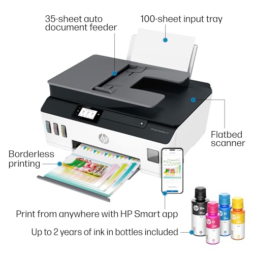 HP Smart -Tank Plus 651 Wireless All-in-One Ink -Tank Printer, up to 2 Years of Ink in Bottles, Auto Document Feeder, Mobile Print, Scan, Copy, Works with Alexa (7XV38A)
