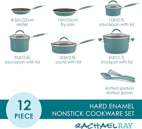 Rachael Ray Cucina Nonstick Cookware Pots and Pans Set, 12 Piece, Agave Blue