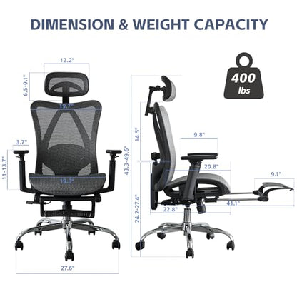 Ergonomic Office Chair, SGS Certified Gas Cylinder, 400 LBS Capacity,Office Chair with Adjustable Lumbar Support, Retractable Footrest, Mesh Office Chair Gaming Chair