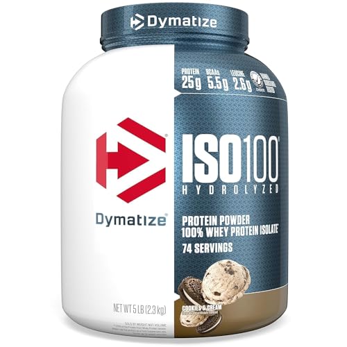 Dymatize ISO100 Hydrolyzed Protein Powder, 100% Whey Isolate Protein, 25g of Protein, 5.5g BCAAs, Gluten Free, Fast Absorbing, Easy Digesting, Cookies and Cream, 5 Pound