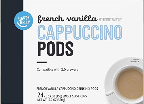 Amazon Brand - Happy Belly Cappuccino Coffee Pods Light Roast Compatible with 2.0 K-Cup Brewers, French Vanilla Flavored, 24 Count, 1.5 pound (Pack of 1)