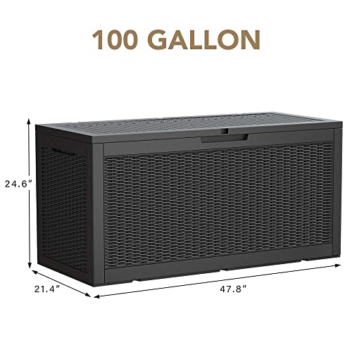 Devoko 100 Gallon Waterproof Large Resin Deck Box Indoor Outdoor Lockable Storage Container for Patio Furniture Cushions, Toys and Garden Tools (100 Gallon, Black)