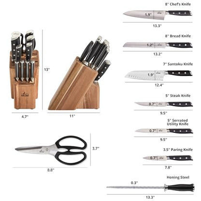 All-Clad Forged German Stainless Steel Knife Set and Acacia Wood Block 12 Piece, Fully Forged, Expert Precision, Knife Set, Cookware Knife Block Set, Kitchen Knives, Ultra Sharp, Kitchen Utensils