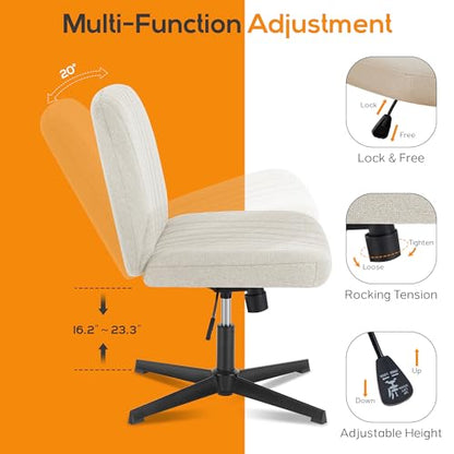 Criss Cross Chair, Cross Legged Office Chair, Wide Comfty Desk Chair, No Wheels Armless Computer Task Chair, Swivel Fabric Vanity Home Chair, Height Adjustable