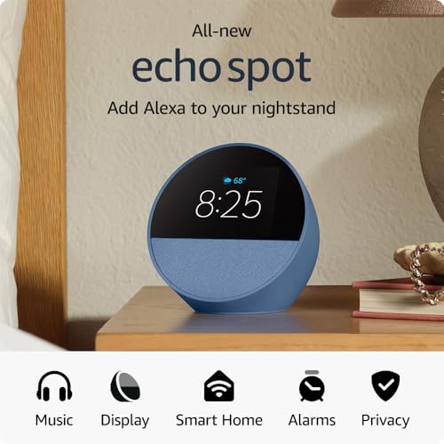 Amazon Echo Spot (newest model), Great for nightstands, offices and kitchens, Smart alarm clock with Alexa, Ocean Blue