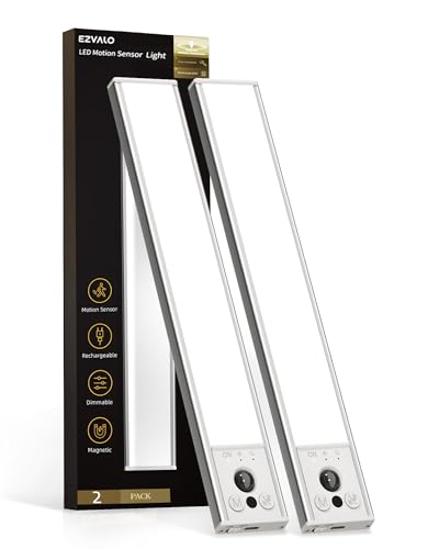 EZVALO 10inch Under Cabinet Lighting, LED Motion Sensor Light Indoor, 2400mAh USB Rechargeable Closet Lights, Dimmable & Magnetic Wireless Under Counter Lights for Kitchen, Pantry, Stairs (2 Pack)