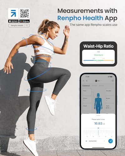 RENPHO Body Measuring Tape, Smart Tape Measure for Weight Loss, Bluetooth Tape with App, Retractable Tape for Measuring Waist, Hip, Bust, Arms, Muscle Gain, Fitness Equipment, 60in /150cm, White