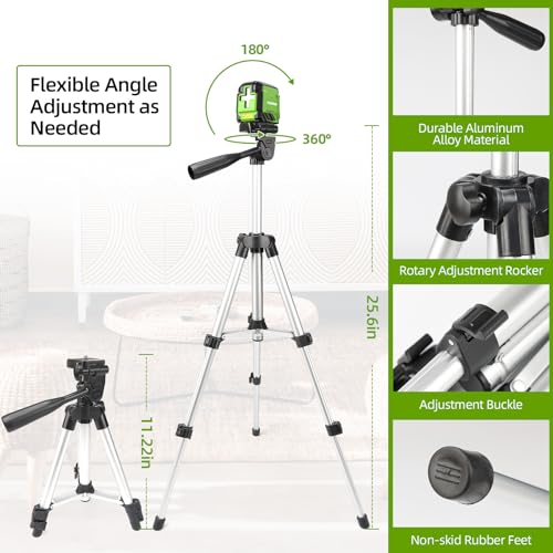 Laser Level with Tripod, Huepar 98Ft Self Leveling Laser Level Green Line Laser Cross Line Laser Leveler Tool for Picture Hanging, Tile, Home Renovation, Indoor Project, Battery&Carrying Bag Included