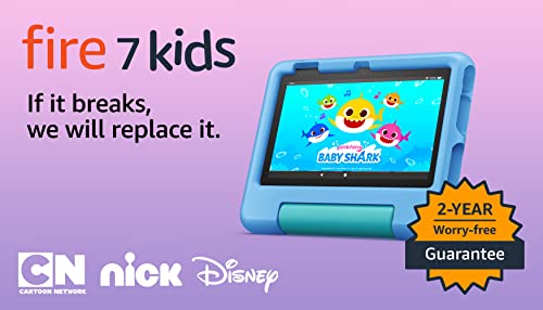 Amazon Fire 7 Kids tablet (newest model) ages 3-7. Top-selling 7" kids tablet on Amazon. Includes 6 months of ad-free and exclusive content, easy parental controls, 10-hr battery, 16 GB, Blue