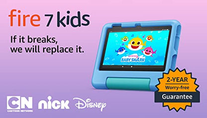 Amazon Fire 7 Kids tablet (newest model) ages 3-7. Top-selling 7" kids tablet on Amazon. Includes 6 months of ad-free and exclusive content, easy parental controls, 10-hr battery, 16 GB, Blue
