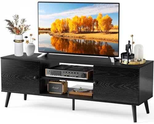 Sweetcrispy TV Stand for 55 60 inch Television, Entertainment Center with Storage, 2 Cabinet Media Console Table, Soft Hinge Door with Handle, Wood Feet, Living Room, Bedroom Furniture, Charcoal Black