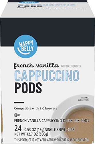 Amazon Brand - Happy Belly Cappuccino Coffee Pods Light Roast Compatible with 2.0 K-Cup Brewers, French Vanilla Flavored, 24 Count, 1.5 pound (Pack of 1)