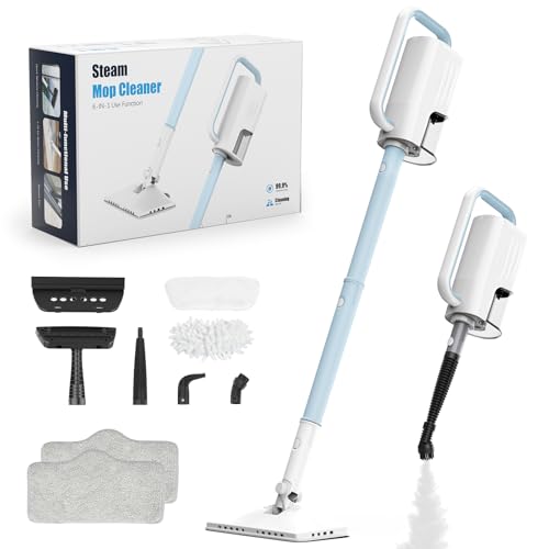 Steam Cleaner, 6 in1 Rotated Steam Mop Cleaner with 2 Modes, 2 Microfiber Pads, 400ML Removable Tank, 23FT Power Cable, Detachable Steam Mops for Floor, Laminate Floor, Tiles Cleaning (Deepwater Blue)