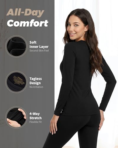 WEERTI Thermal Underwear for Women Long Johns with Fleece Lined Base Layer Women Cold Weather Top Bottom Black