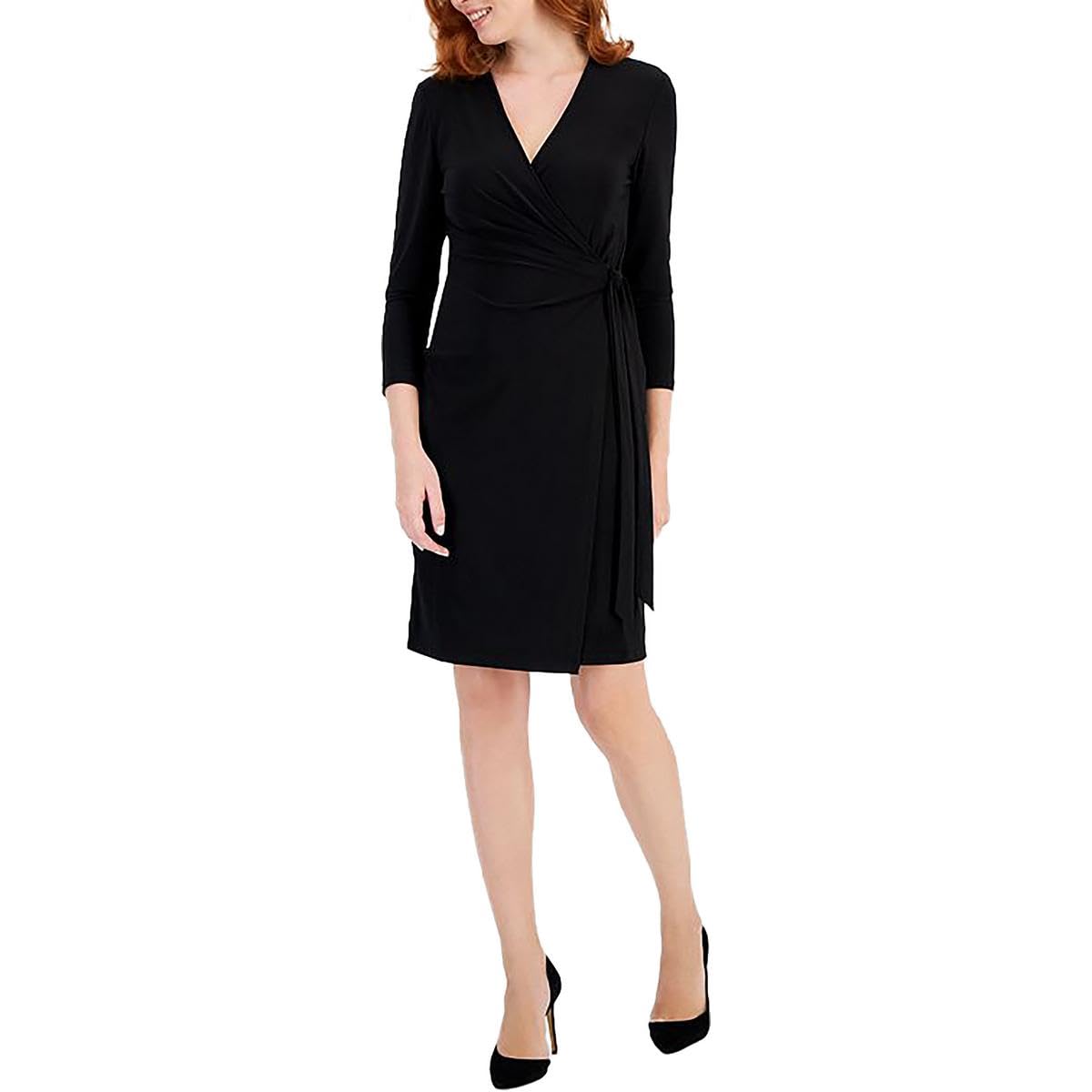 Anne Klein Women's 3/4 Sleeve Classic V-Neck Wrap Dress Black