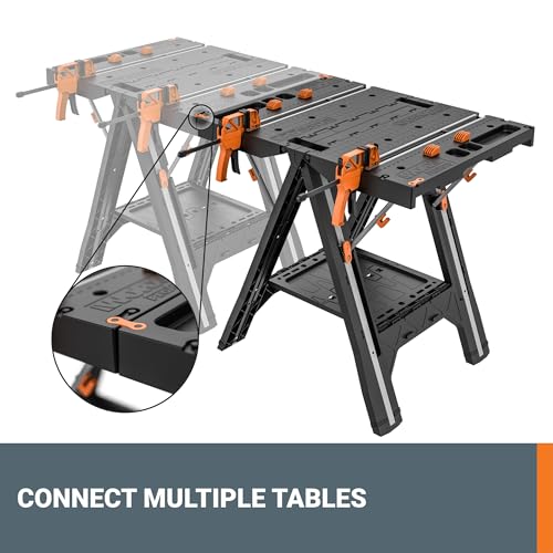 Worx Pegasus 2-in-1 Folding Work Table & Sawhorse, Easy Setup Portable Workbench, 31" W x 25" D x 32" H Lightweight Worktable with Heavy-Duty Load Capacity, WX051 - Includes 2 Clamps & 4 Clamp Dogs