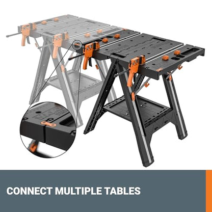 Worx Pegasus 2-in-1 Folding Work Table & Sawhorse, Easy Setup Portable Workbench, 31" W x 25" D x 32" H Lightweight Worktable with Heavy-Duty Load Capacity, WX051 - Includes 2 Clamps & 4 Clamp Dogs