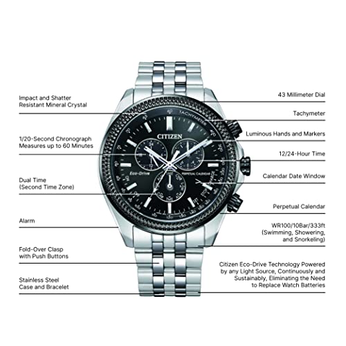 Citizen Men's Eco-Drive Classic Chronograph Watch in Stainless Steel with Perpetual Calendar, Tachymeter, Black Dial