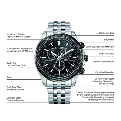 Citizen Men's Eco-Drive Classic Chronograph Watch in Stainless Steel with Perpetual Calendar, Tachymeter, Black Dial