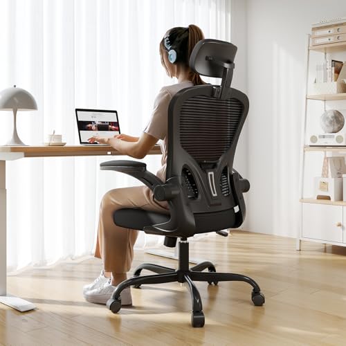 Office Chair Ergonomic Desk Chair, 330LBS Capacity, High Back Computer Chair for Long Hours Comfortable, Rolling Swivel Executive Task Chair for Home Office with Flip-up Armrests, Black