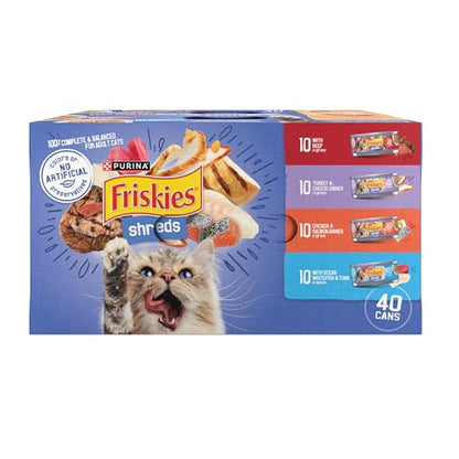 Purina Friskies Wet Cat Food Variety Pack, Shreds Beef, Turkey, Whitefish, and Chicken & Salmon - (Pack of 40) 5.5 oz. Cans