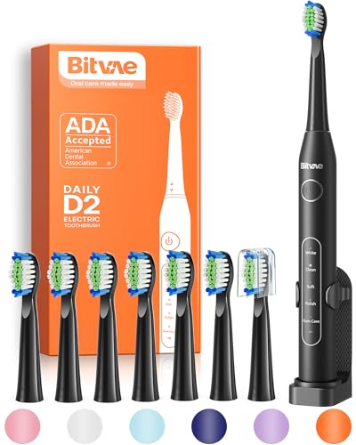 Bitvae Electric Toothbrush for Adults - Ultrasonic Electric Toothbrushes with 8 Brush Heads, ADA Accepted Power Rechargeable Toothbrush with 5 Modes, Smart Timer, Black D2