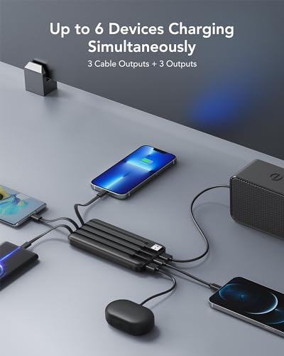 Portable Charger with Built in Cables, Portable Charger with Cords Wires Slim 10000mAh Travel Essentials Battery Pack 6 Outputs 3A High Speed Power Bank for iPhone Samsung Pixel LG Moto iPad