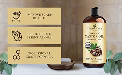 Handcraft Blends Organic Castor Oil - 16 Fl Oz - 100% Pure and Natural - Premium Grade Oil for Hair Growth, Eyelashes and Eyebrows - Carrier Oil - Hair and Body Oil - Expeller-Pressed and Hexane-Free