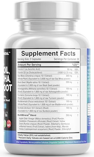 Sea Moss 3000mg Black Seed Oil 2000mg Ashwagandha 1000mg Turmeric 1000mg Bladderwrack 1000mg Burdock 1000mg & Vitamin C & D3 with Elderberry Manuka Dandelion Yellow Dock Iodine Chlorophyll ACV