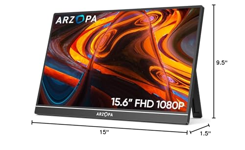 ARZOPA Portable Monitor 15.6'' FHD 1080P - Ultra-Slim Portable Laptop Monitor with Kickstand - IPS Display for PC, MAC, Phone, Xbox, PS5 - USB C & HDMI Connectivity - A1